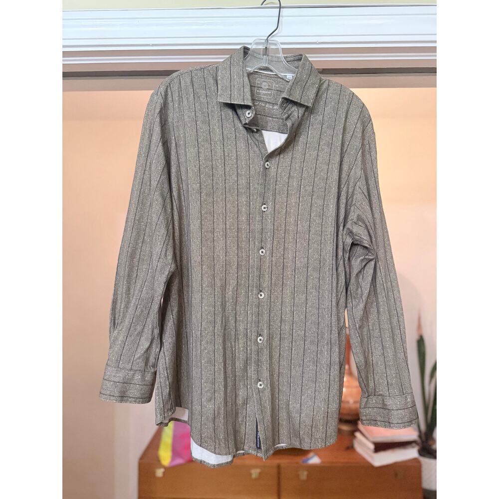 Blue Industry Men’s XL Brown Textured Pinstripe Button Front Shirt 100% Cotton